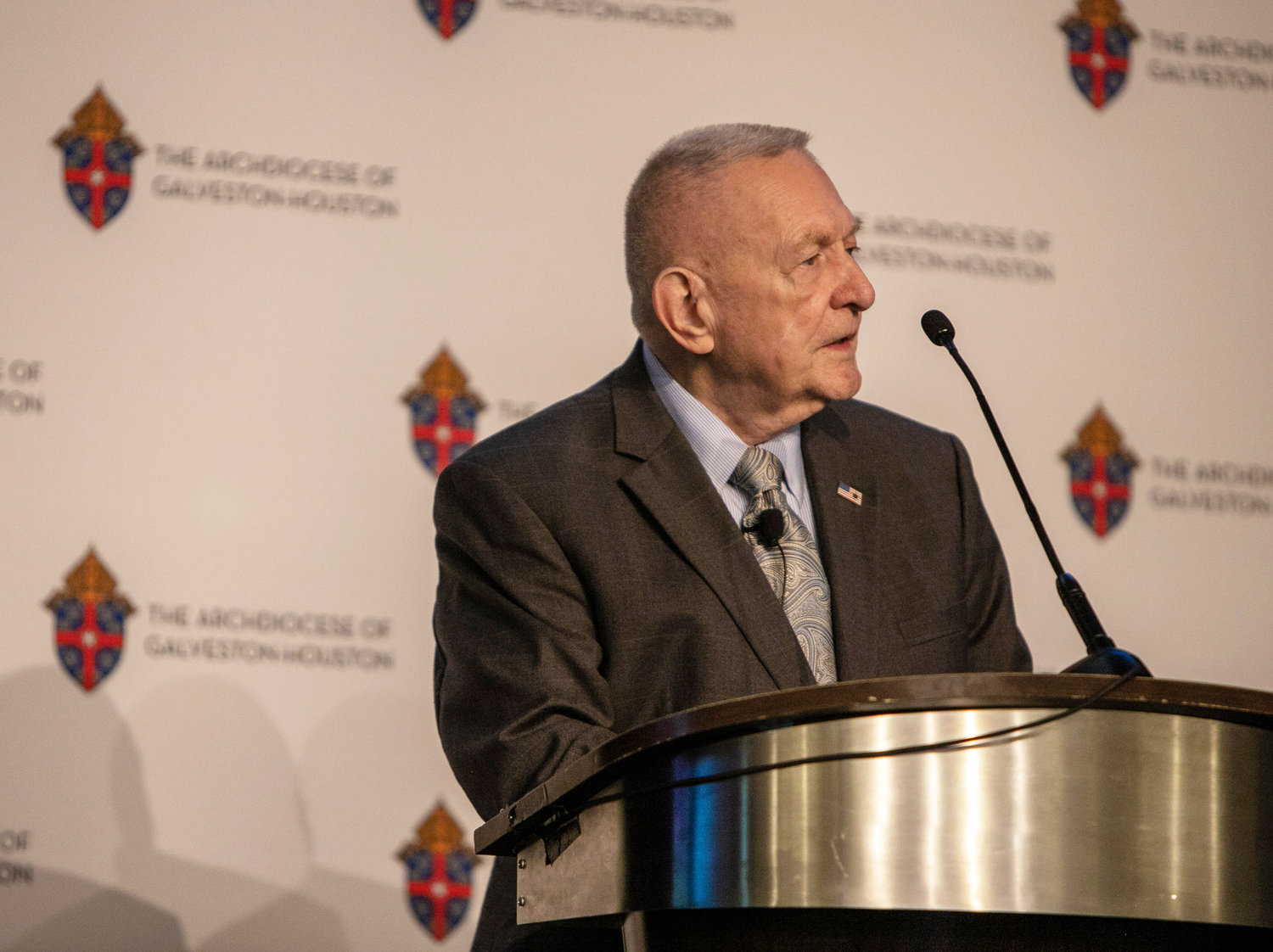 Gene Kranz, former flight director for Apollo 11, speaks during the 2019 Archdiocese of Galveston-Houston Prayer Breakfast in Houston July 30. Kranz, who served as the event’s speaker, is a parishioner at Shrine of the True Cross Catholic Church in Dickinson, Texas, near Houston.